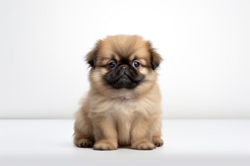 Full size purebred Pekingese puppy on white background with copy space. Pedigree dog. For advertising, posters, banners, or promoting pet stores, dog care, grooming services, and veterinary clinics.