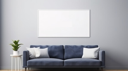 Mockup, template for design. Modern light fashionable living room interior with large empty picture frame on white wall. With copy space. Blue sofa with white pillows. Banner, advertising poster.