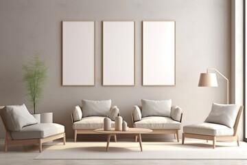 Mockup, template for design. Modern light fashionable living room interior with 3 large empty picture frames on beige wall. With copy space. Light beige armchairs. Banner, advertising poster.