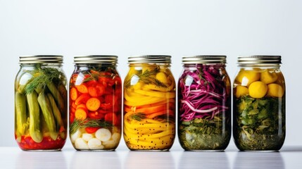 Home preservation, canning for winter. 5 glass jars with canned vegetables cucumbers, tomatoes,...