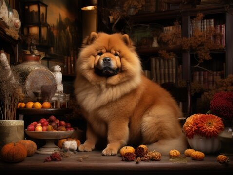 Cute and fluffy purebred Chow Chow dog sits surrounded by pumpkins and flowers. Pedigree pup. For advertising, posters, banners, or promoting pet stores, dog care, grooming services, veterinary clinic