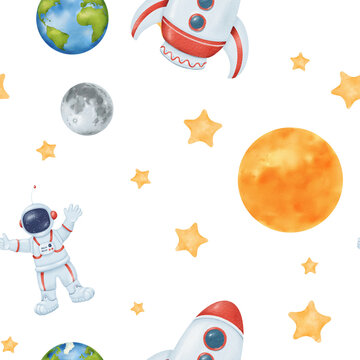 Watercolor seamless pattern of a starry sky. Yellow stars, planet Earth, an astronaut, rocket, moon, and sun. Cosmic theme for kids. for wallpapers, children's rooms, textiles, baby apparel, textbooks
