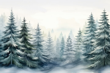 Fototapeta premium Watercolor Illustration of Winter Spruce Forest Landscape