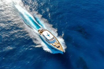 Bird's eye view of opulent boat sailing into vast expanse of azure ocean. Generative AI