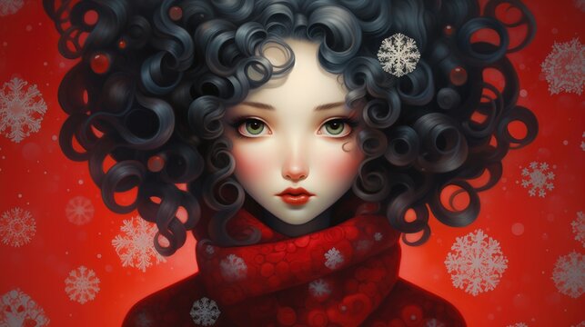 Youthful beauty with pale winter white skin and rosy cheeks, curly black hair with snowflakes, thick warm jersey in Christmas red colors.