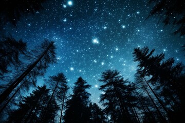 A starry night sky above a forest of trees. Generative AI