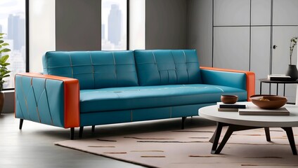 Blue sofa in a modern living room with a window overlooking the city skycraper