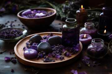 Crystals candles and herbs, lavender and sage for rituals and aromatherapy