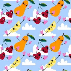 Cartoon kawaii fruit seamless pears pattern for wrapping paper and fabrics and linens and kids accessories