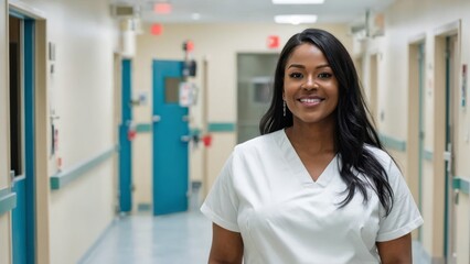 A Nurse standing inside a hospital hallway