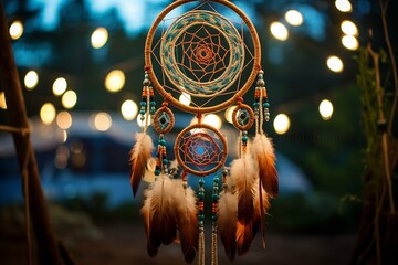 An embellished Native American dream catcher symbolizes cultural spirit. Generative AI - obrazy, fototapety, plakaty