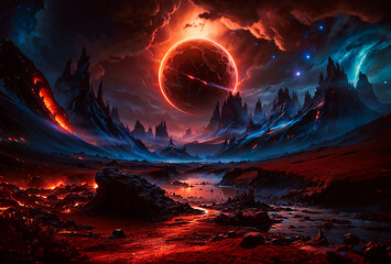 Alien vulcano world with dark lava river pyroclastic rocks evil planet with eyes in the burning sky - obrazy, fototapety, plakaty