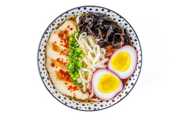 Chicken miso ramen with chicken marinated egg and beet juice on a white background for a food delivery site 1