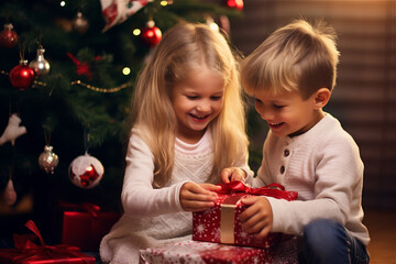 Fototapeta na wymiar Cheerful cute children a girl and a boy opening Christmas gifts.