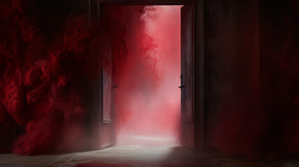 An ethereal doorway appears in the gloom, its faded crimson paint barely visible in the dimness