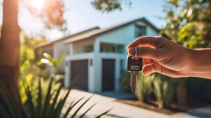 Man holding his house keys against his new home property, real estate, for commercial use, business and property ownership, generative AI. - obrazy, fototapety, plakaty