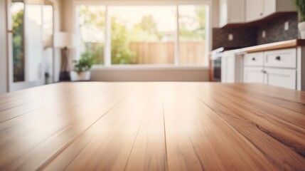 Close up Dining wooden table in modern interior kitchen, generative AI.
