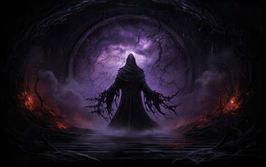 wraith spettro nero accolito incappucciato sfondo dark viola rosso fumo fiamme - obrazy, fototapety, plakaty