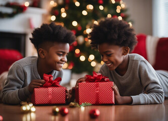 Two African American boys are holding New Year's gifts in their hands.