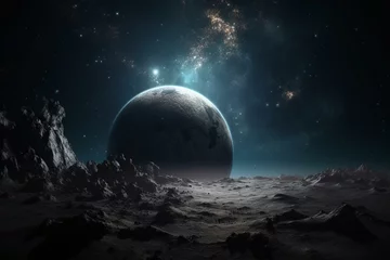 Wallpaper murals Full moon and trees Scene in outer space, suitable for placing your own characters. Created through 3D rendering. Generative AI