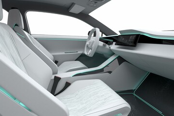 Close-up of autonomous electric vehicle interior on white background. Rendered image. Generative AI