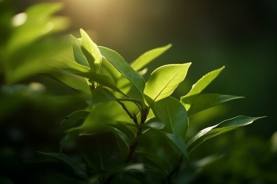 Fresh tea leaves in soft light. Generative AI