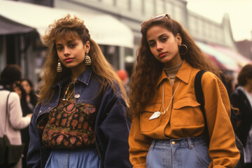 90s, hipsters Memphis style, 1990s, Retro music party, Funky, retrowave, cassette time, tape recorder neon, Fashion street style, bright looks, imported clothing, evocative style.