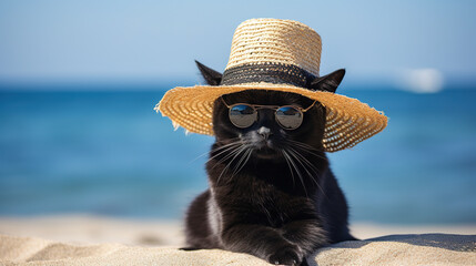Cool looking black cat wearing straw hat and sunglasses at the beach with copy space for text.