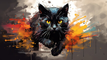 Cool looking black cat running in abstract mixed grunge colors illustration.