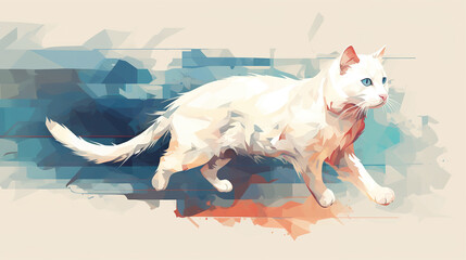 Cool looking white cat running in abstract mixed grunge colors illustration.