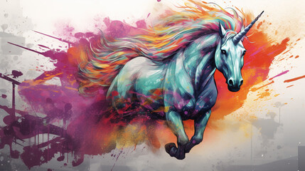 Cool looking white unicorn running in abstract mixed grunge colors illustration.