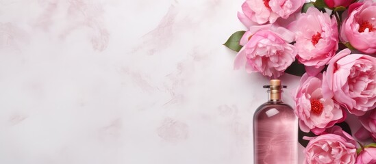 Organic rose oil on a pink podium From above view Aromatherapy and natural cosmetics
