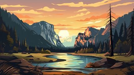 Beautiful scenic view of Yosemite national park during sunrise or sunset. Minimal pastel colors style vector art illustration.