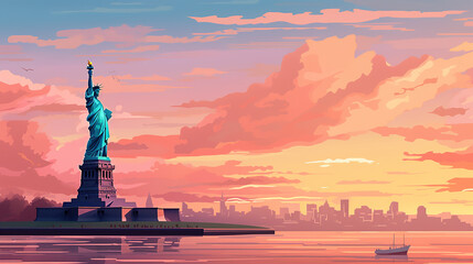 Beautiful scenic view of Statue of liberty during sunrise or sunset. Minimal pastel colors style vector art illustration.