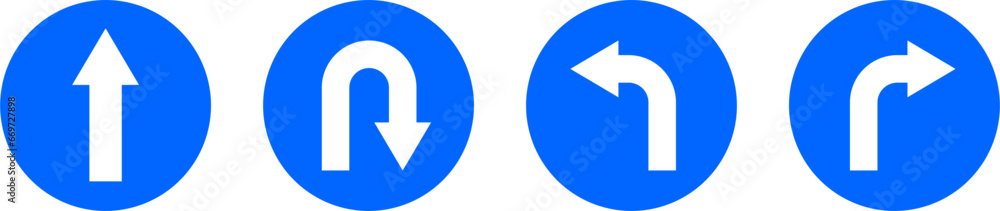Poster go straight this way one way only u turn left and right blue and white arrow round circle traffic si