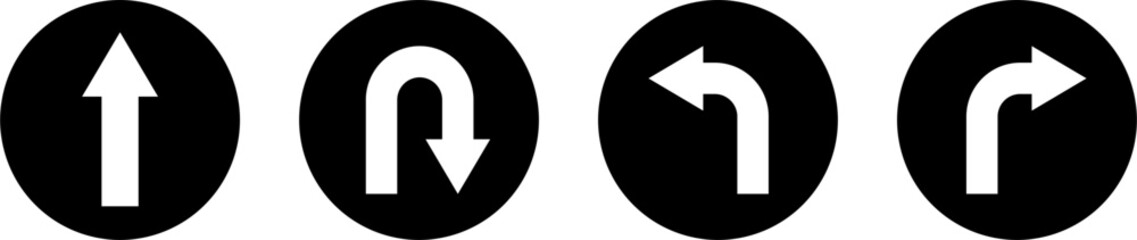 Go Straight This Way One Way Only U Turn Left and Right Black and White Arrow Round Circle Traffic Sign Direction Icon Set. Vector Image.	