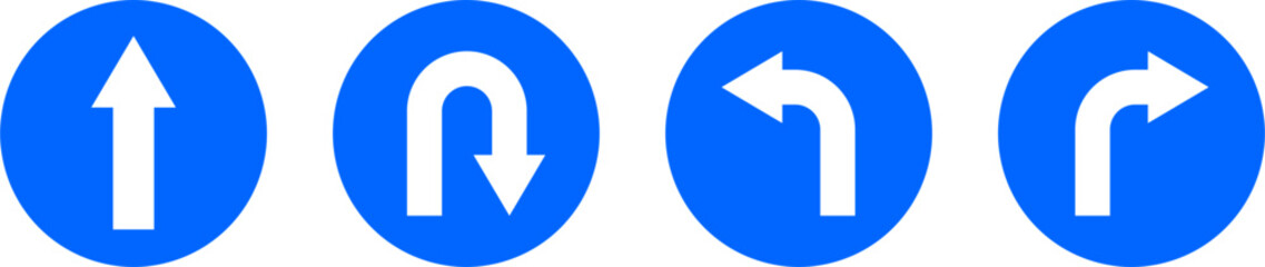 Go Straight This Way One Way Only U Turn Left and Right Blue and White Arrow Round Circle Traffic Sign Direction Icon Set. Vector Image.  © Kagan Kaya