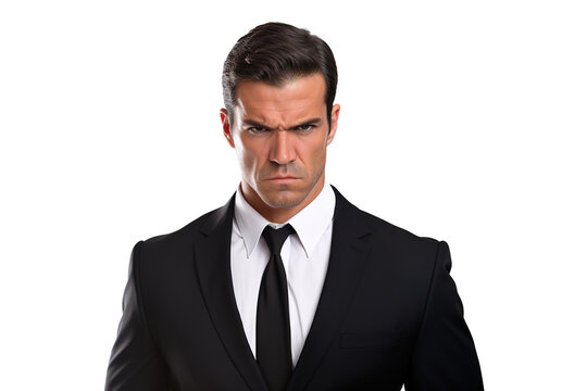 Angry businessman or boss in black suit and tie isolated on white background.