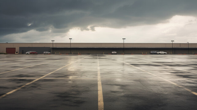 An empty parking lot with rain pouring down in a steady stream