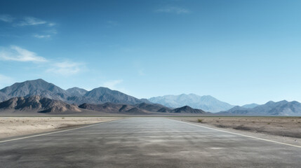 Fototapeta na wymiar An empty highway cuts through a barren landscape, the distant mountains creating a majestic backdrop
