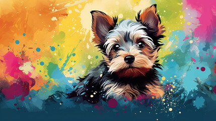 Cute Yorkshire terrier puppy in abstract mixed grunge colors illustration. - obrazy, fototapety, plakaty