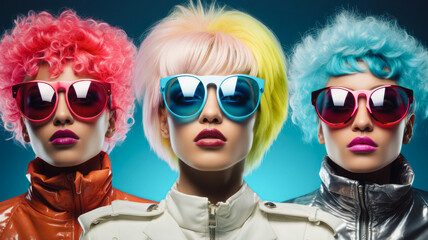 Portrait of three young, modern girls with vibrant hair colors and sunglasses, embodying the spirit of urban hipster girls. The pastel blue background enhances their uniqueness and style.