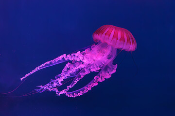 Fuorescent jellyfish swimming underwater aquarium pool with pink neon light. The South American sea nettle chrysaora plocamia in blue water, ocean. Theriology, tourism, diving, undersea life.