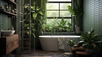 Bright bathroom with subway tile and a variety of dark green plants of deep forest style