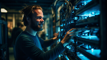 A friendly IT technician in a server room, managing and troubleshooting network equipment