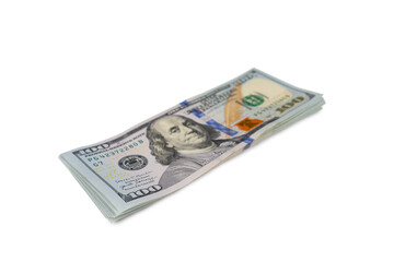 Pile of new design US dollar bills isolated on white, transparent background, PNG. Hundreds of dollar cash banknotes. Business, finance, bank, currency, economy, wealth concept.