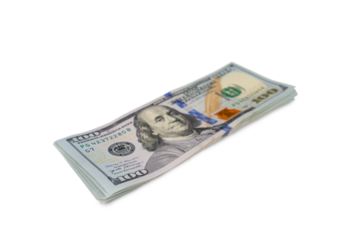 Pile of new design US dollar bills isolated on white, transparent background, PNG. Hundreds of dollar cash banknotes. Business, finance, bank, currency, economy, wealth concept.