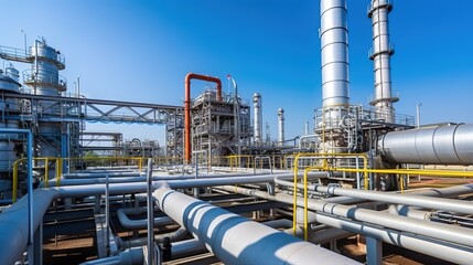 factory of Large oil refinery pipeline and gas pipeline in the process of oil refining and the movement of oil and gas - obrazy, fototapety, plakaty