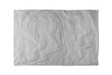 Gray crumpled rectangle sheet of paper with smooth edge isolated on white, transparent background, PNG. Recycled craft paper wrinkled, creased texture. Template, mockup with copy space for text.