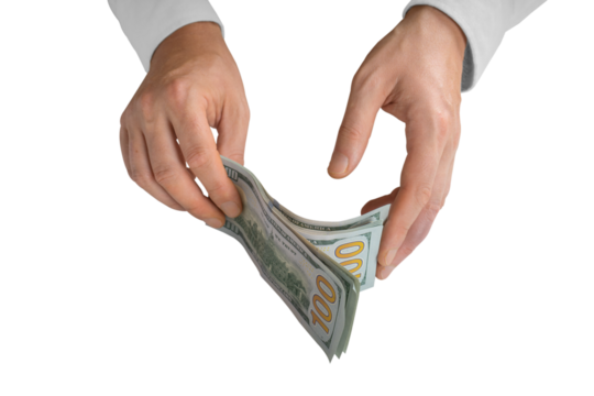 Man counting money. Allocation of money, economy concept, US dollar falling or rising. Man hands with dollar cash isolated on white, transparent background, PNG. Finance, bank, currency..